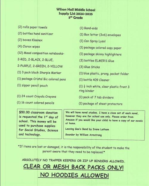 5th Grade Supply List
